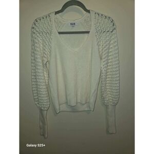 525 America Crochet Sleeve Sweater Womens Medium Cream Excellent Ribbed V-Neck